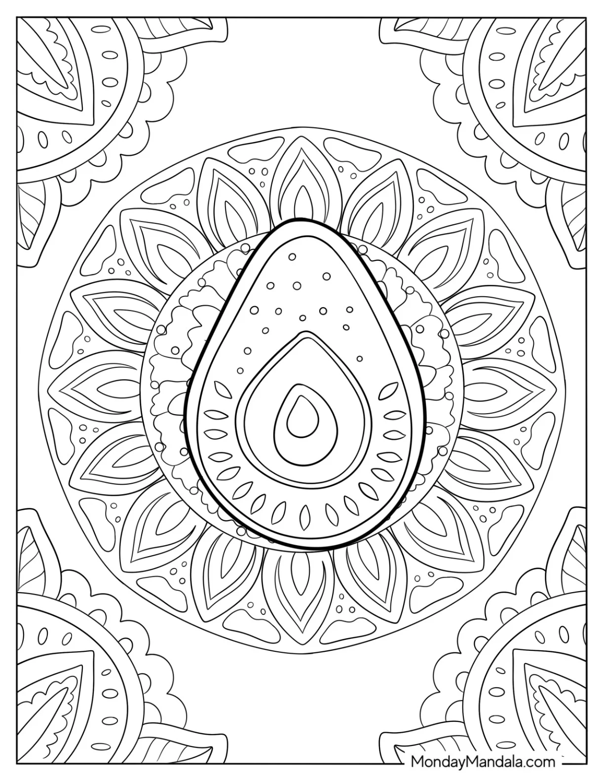 Intricate Floral Mandala With Avocado Coloring Page At The Center coloring page