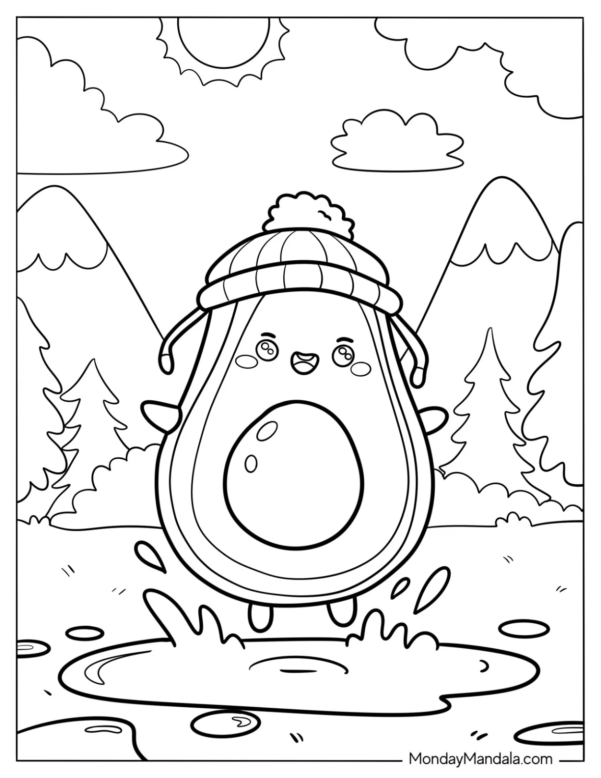 Kawaii Avocado Coloring Page Playing In The Snow For Kids coloring page