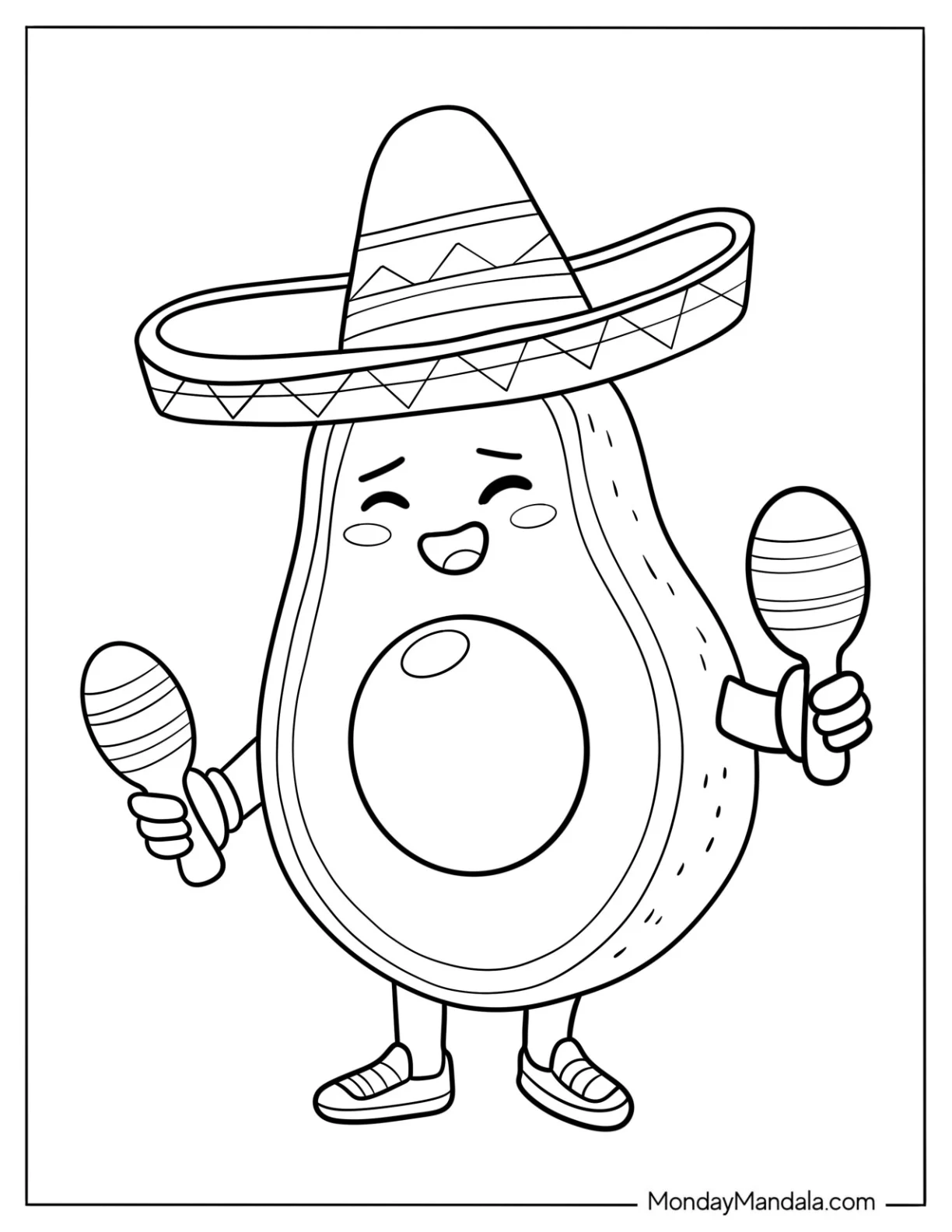 Mexican Avocado Coloring Page Wearing A Sombrero And Holding Maracas coloring page