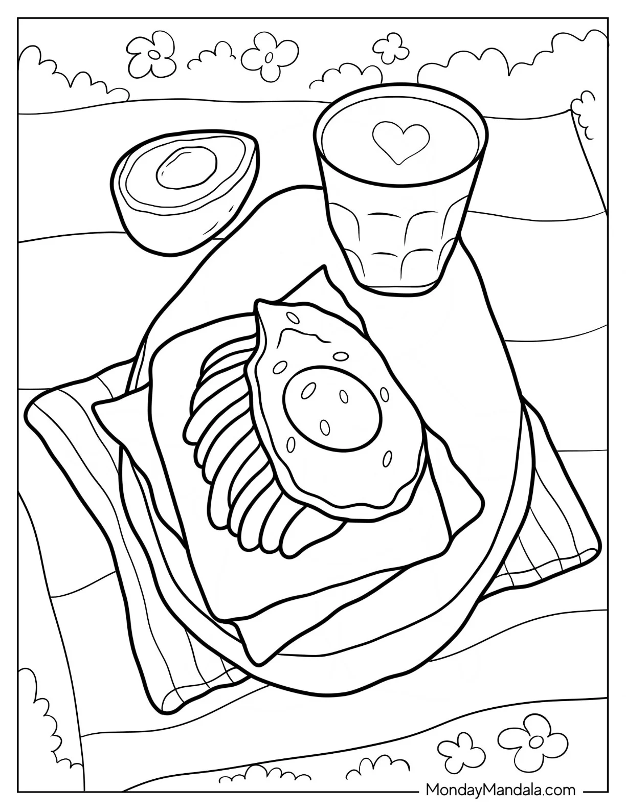Realistic Avocado Coloring Page Toast With Egg And Avocado Shake coloring page