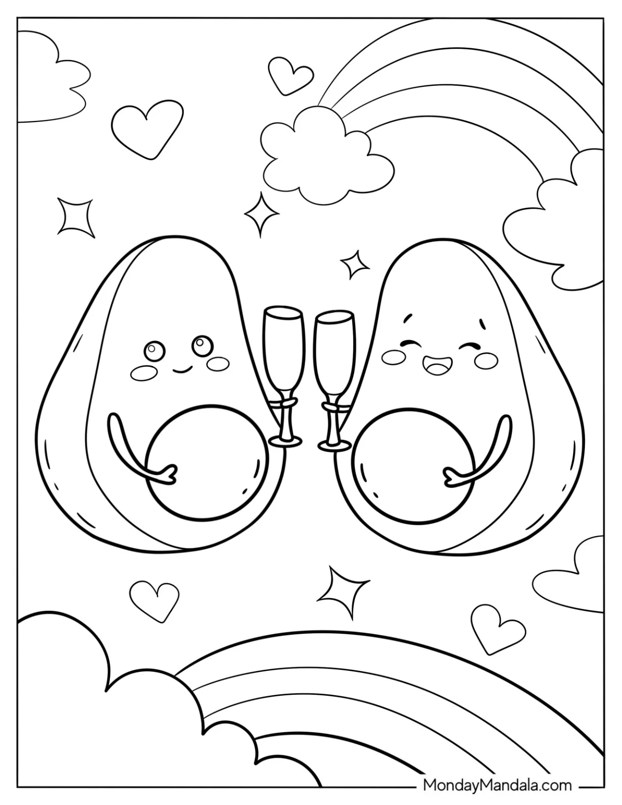 Romantic Avocado Coloring Page Couple Toasting Wine Glasses coloring page