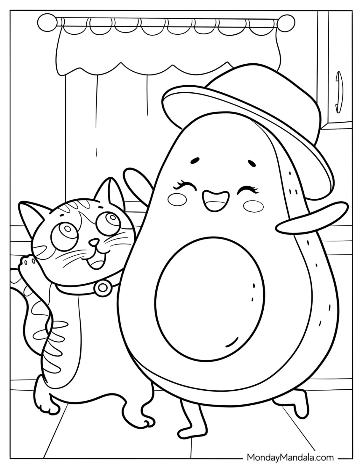 Tabby Cat Dancing With An Avocado Coloring Page coloring page