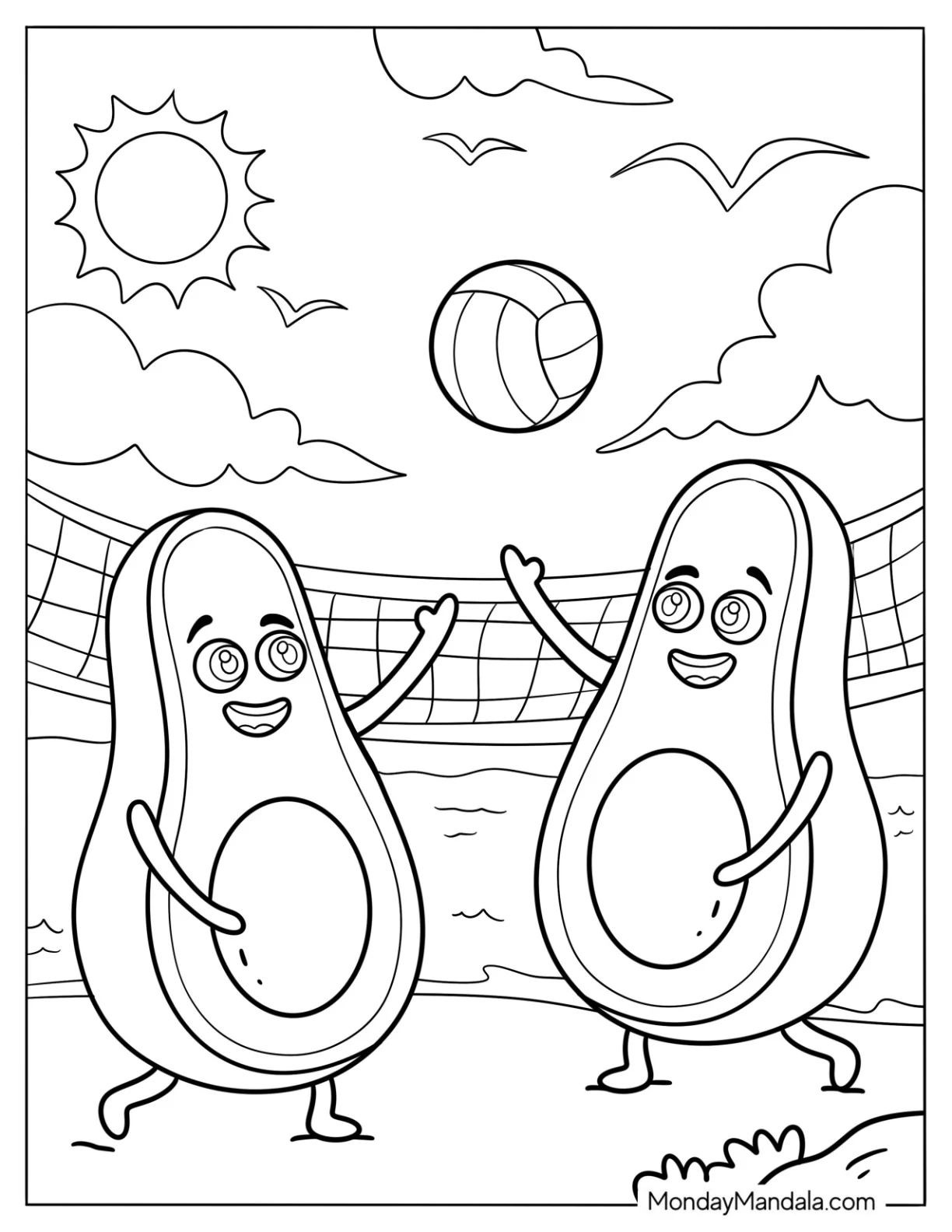 Two Avocado Coloring Page Playing Beach Volleyball coloring page