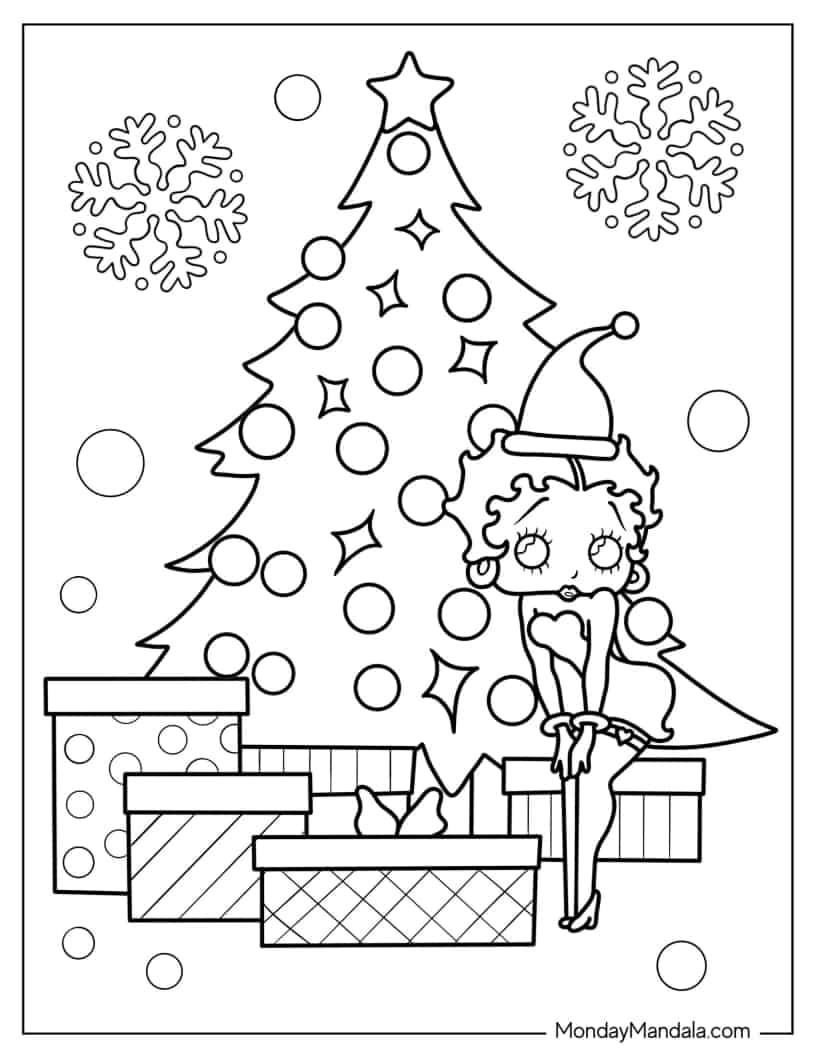 Betty Boop Posing Beside Christmas Tree Coloring In coloring page