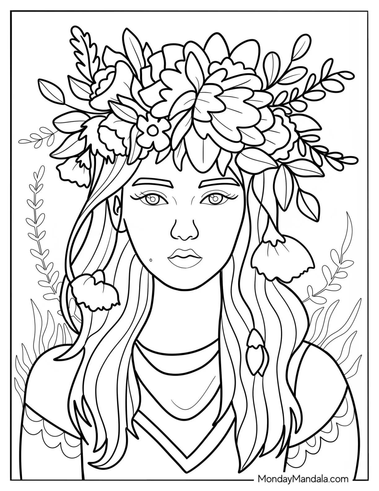 Beautiful Boho Coloring Page Of Woman Wearing A Flower Crown coloring page