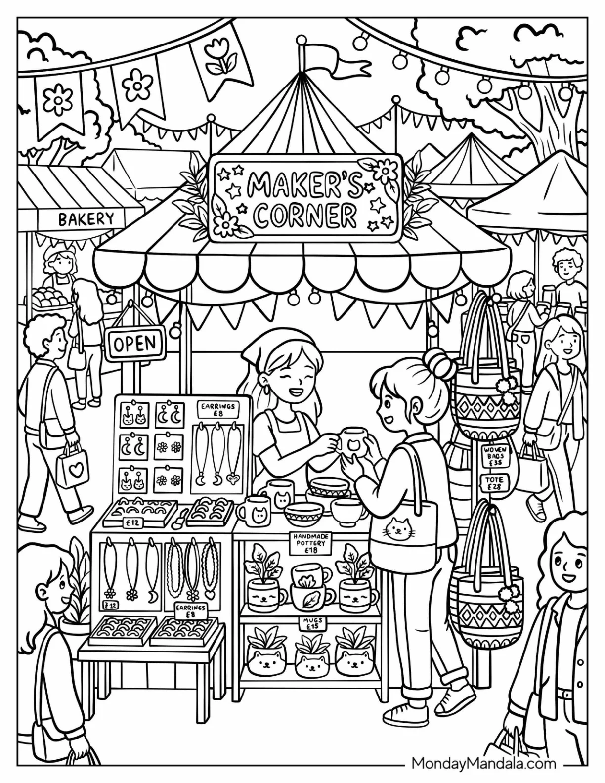 Boho Artisan Market Stall with Handmade Jewelry and Bags Coloring Page coloring page