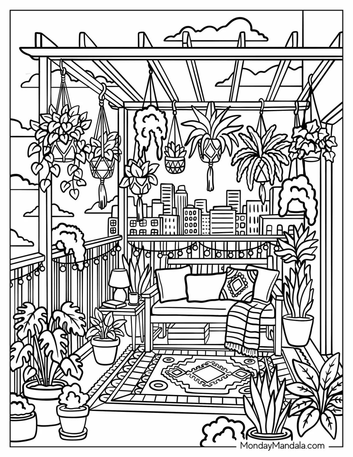 Boho Balcony Garden with Hanging Plants and City Skyline coloring page