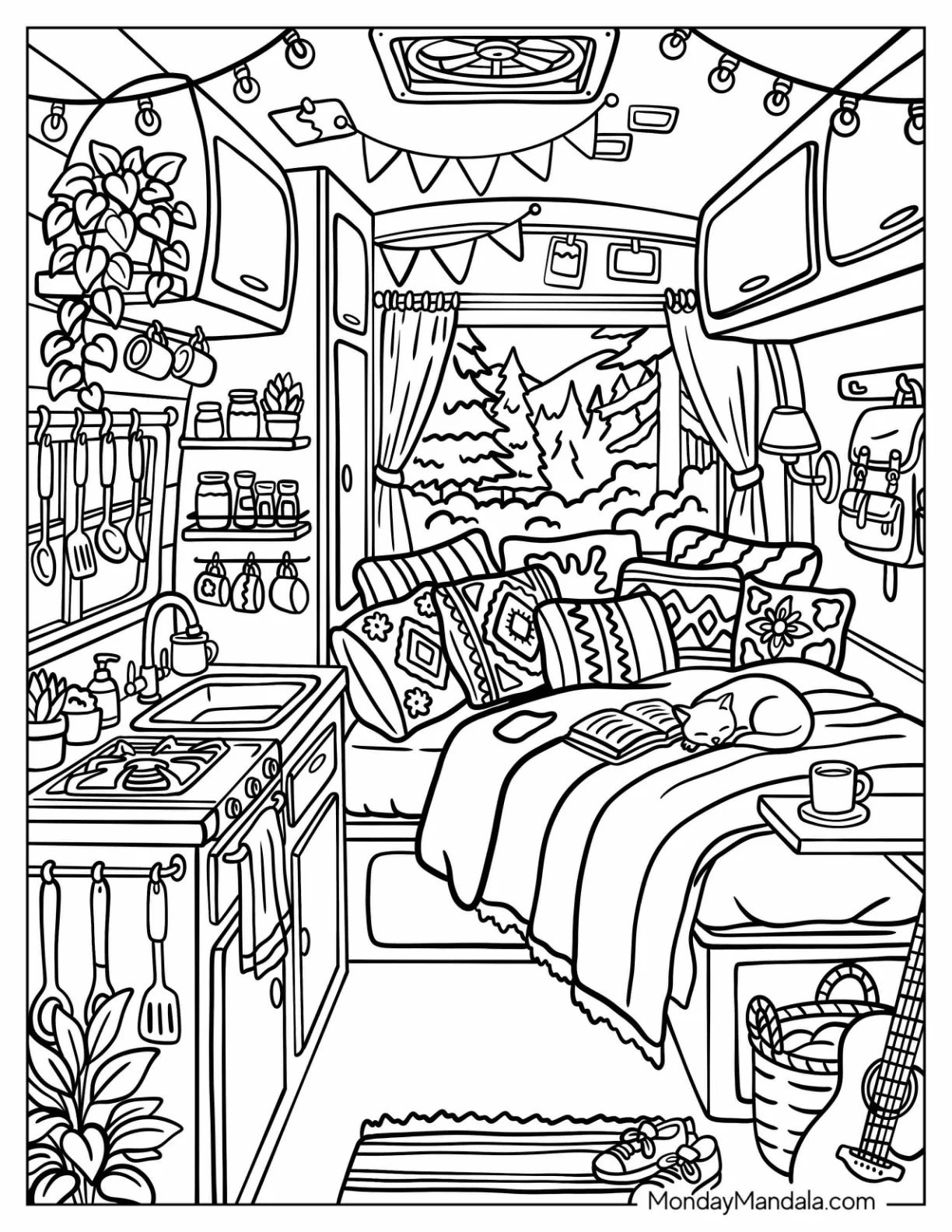 Boho Camper Van Interior with Cozy Bed and Plants Coloring Page coloring page — printable line art