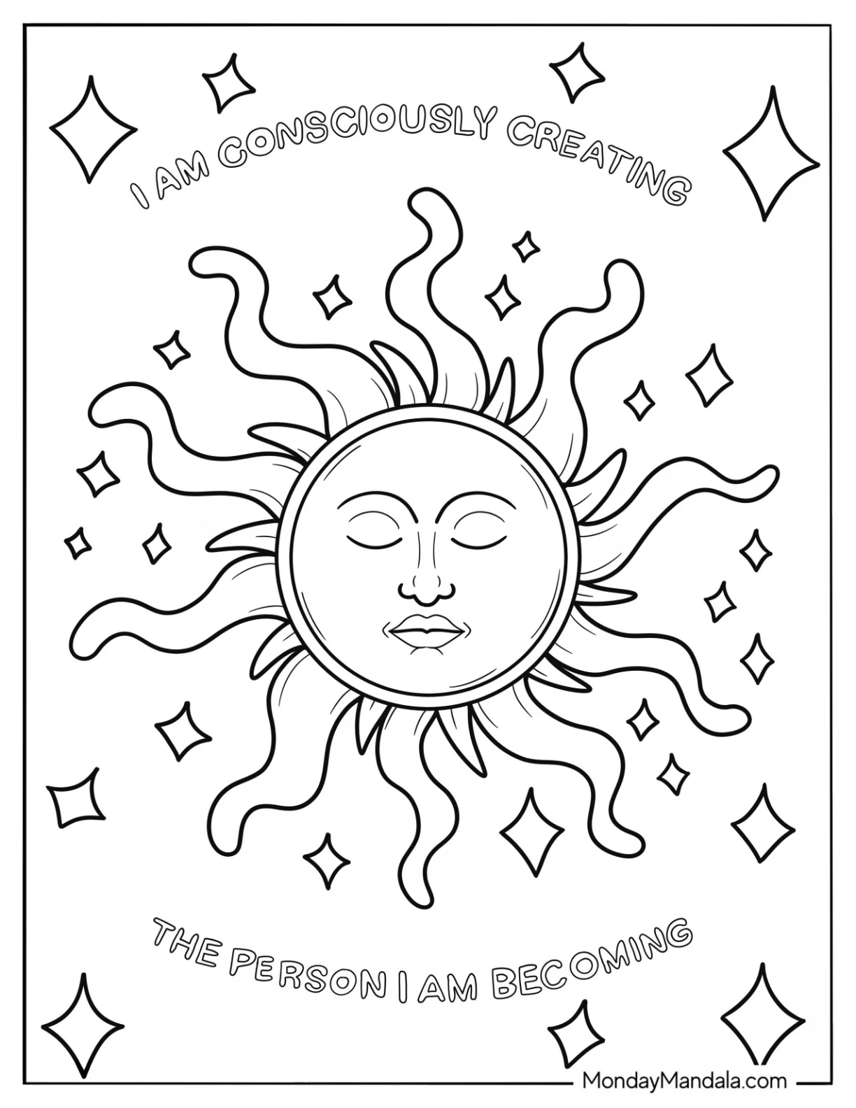 Boho Coloring Page Of Affirmation With Sun For Kids coloring page