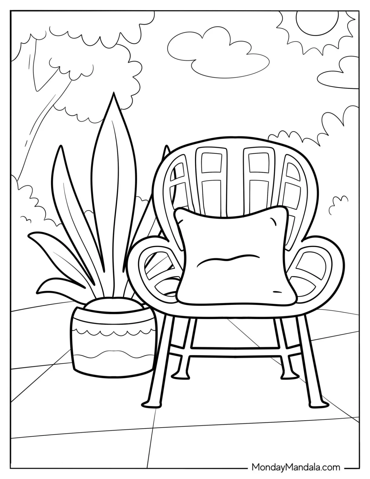 Boho Coloring Page Of Chair And House Plant coloring page