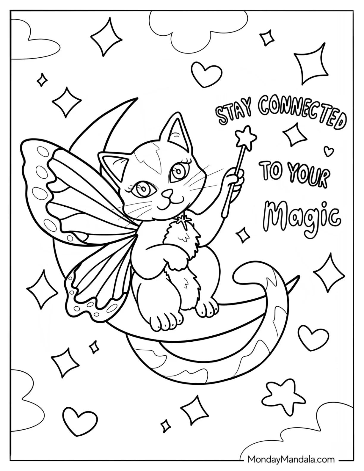 Boho Coloring Page Of Fairy Cat Sitting On A Crescent Moon With Wand For Kids coloring page