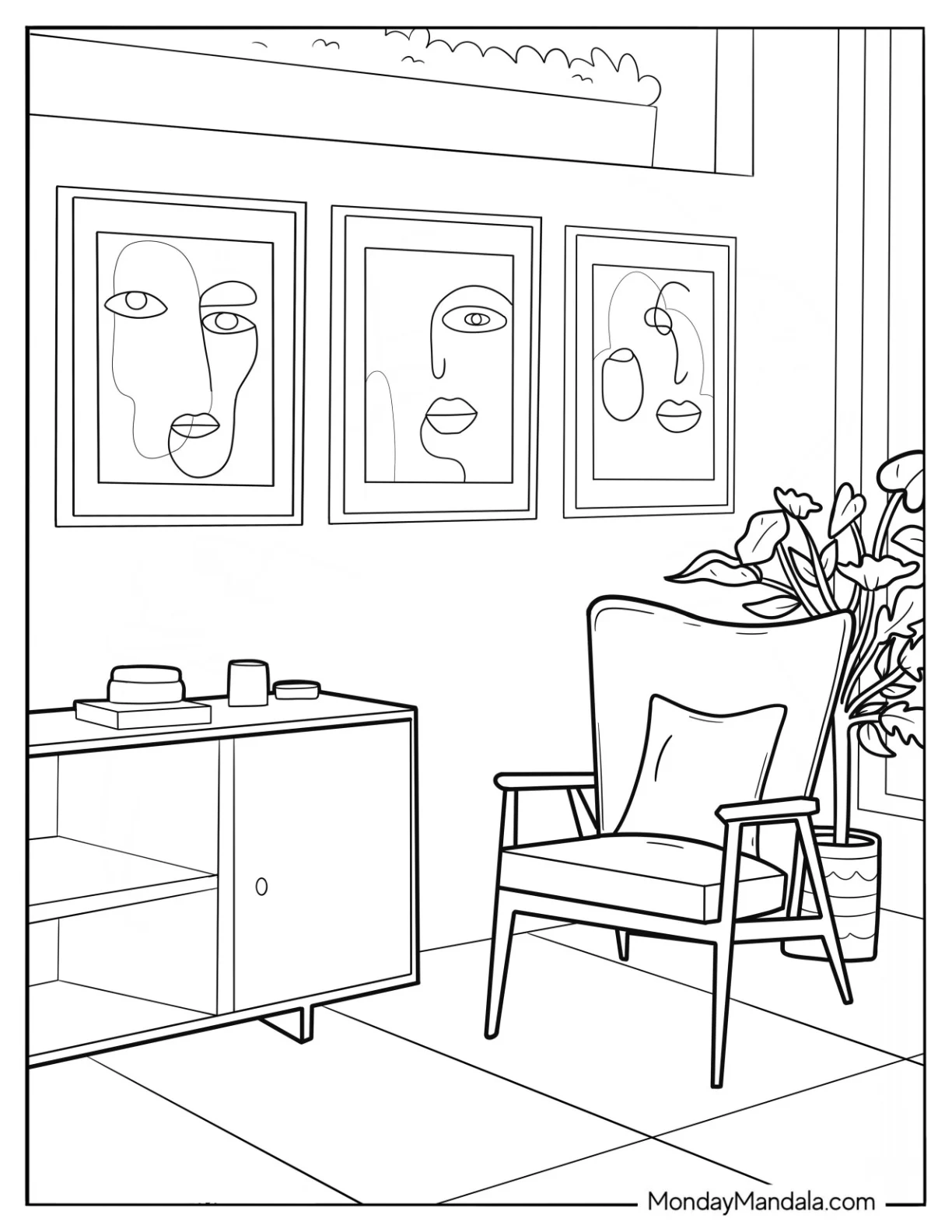 Boho Coloring Page Of House Interior Aesthetic coloring page