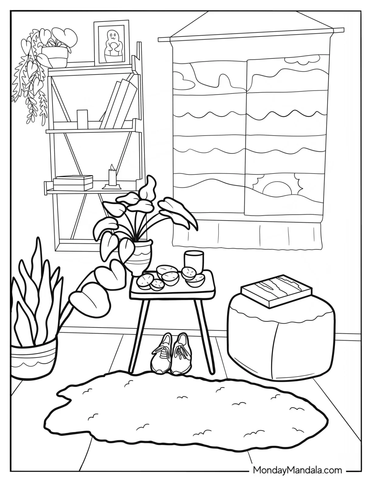 Boho Coloring Page Of Living Room With Plants, Rug, And Scenic View coloring page