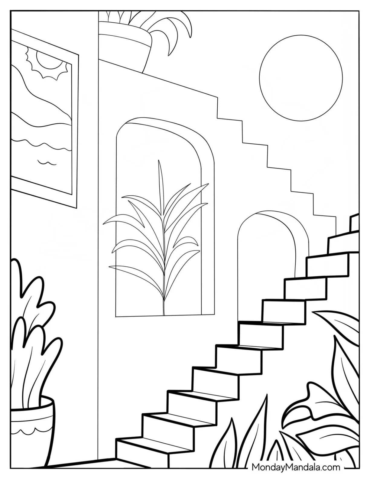 Boho Coloring Page Of Living Room With Stairs And Plants coloring page — printable line art