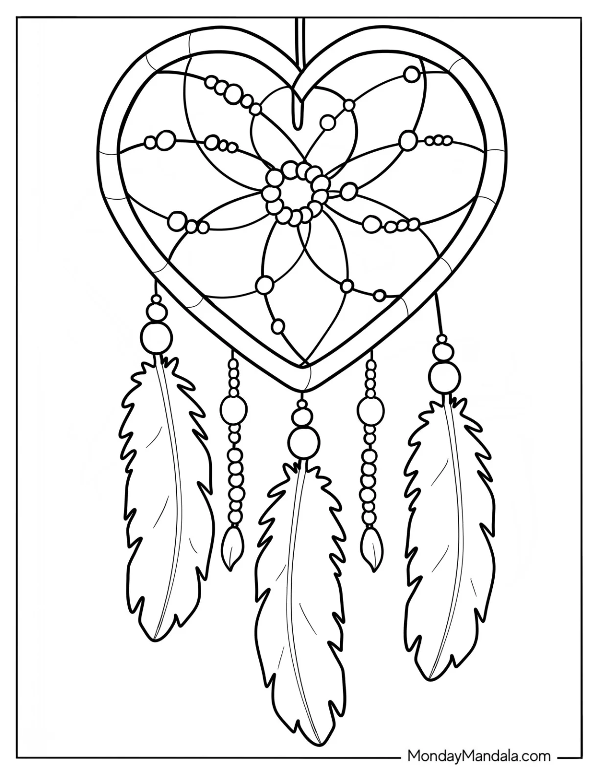 Boho Coloring Page Of Love Heart Dreamcatcher Boho For Kids coloring page