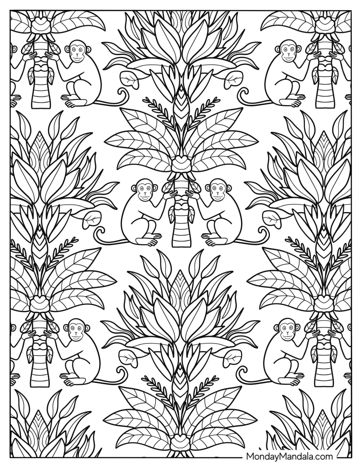 Boho Coloring Page Of Monkeys Below A Palm Tree Boho Pattern coloring page