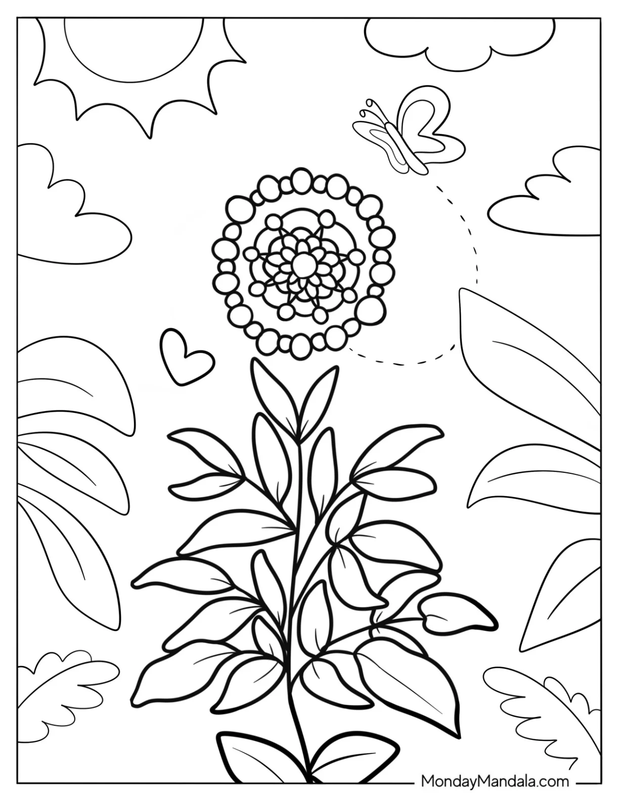 Boho Coloring Page Of Nature Aesthetic With Flowers And Butterfly coloring page — printable line art