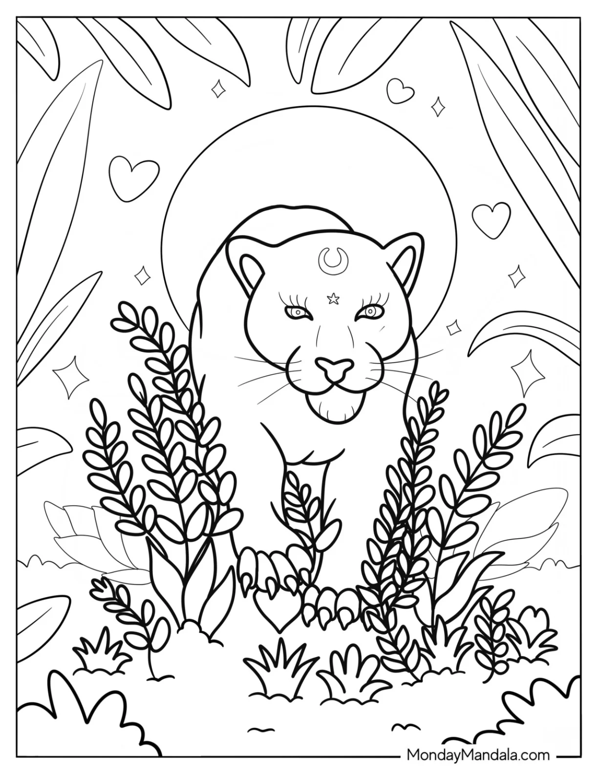 Boho Coloring Page Of Panther With Crescent Moon coloring page