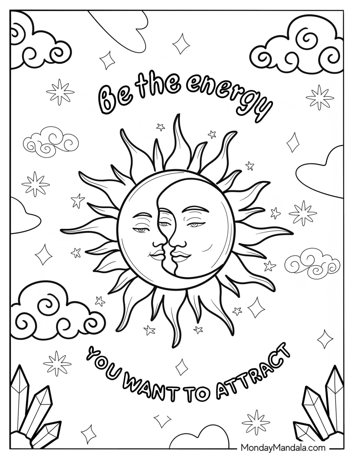 Boho Coloring Page Of Sun And Crescent Moon coloring page