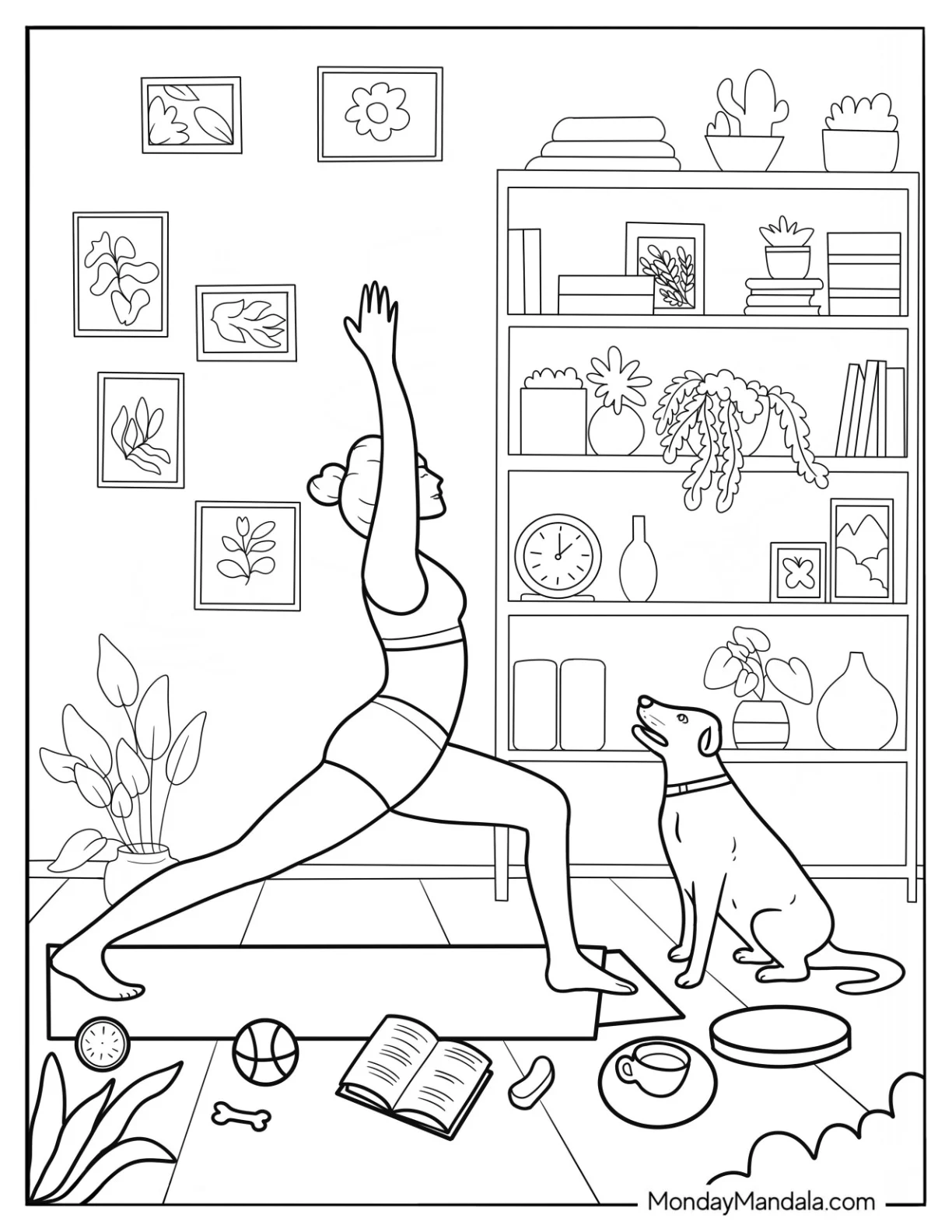 Boho Coloring Page Of Woman Doing Yoga In The Living Room With Her Dog coloring page