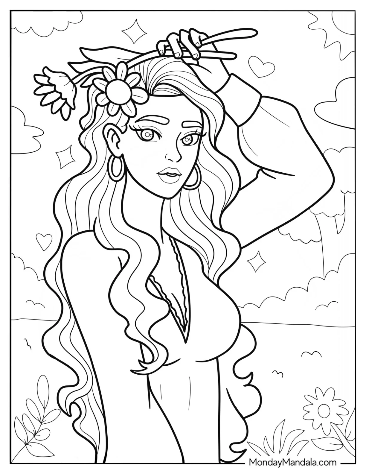 Boho Coloring Page Of Woman Holding Flowers For Kids coloring page