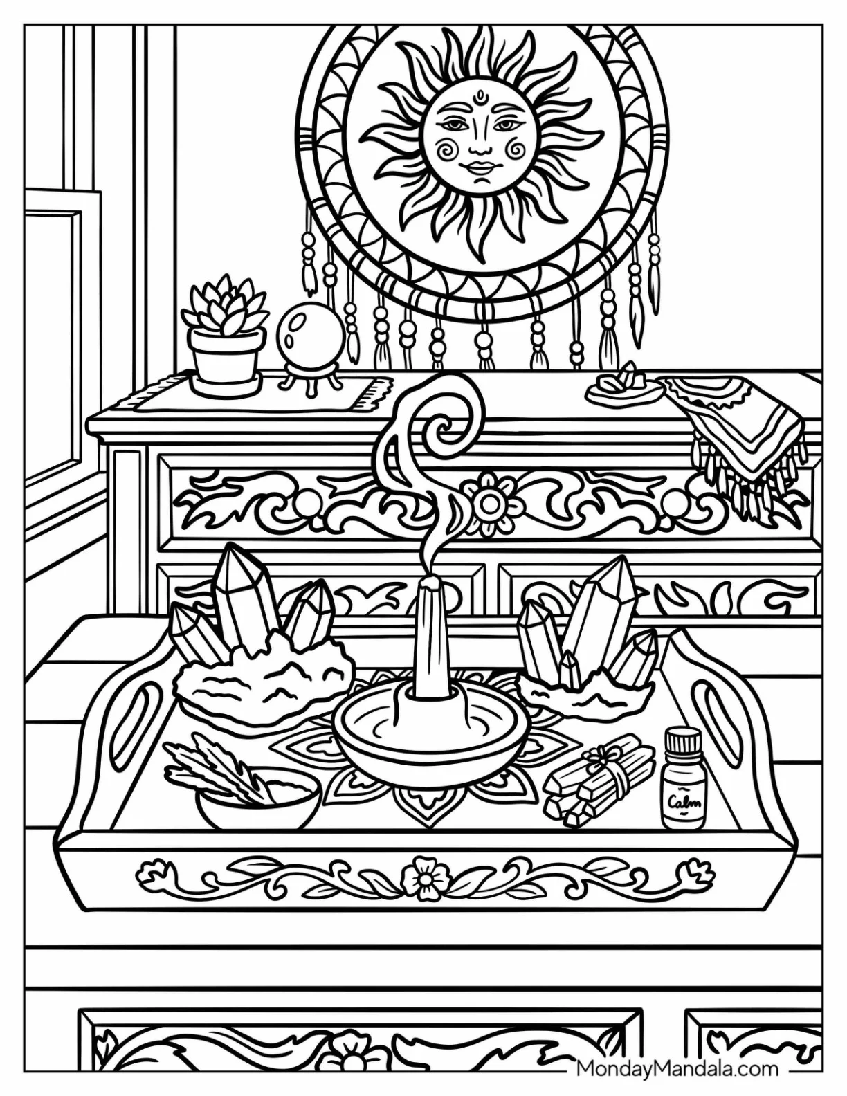 Boho Crystal Altar with Incense and Sun Wall Art Coloring Sheet coloring page
