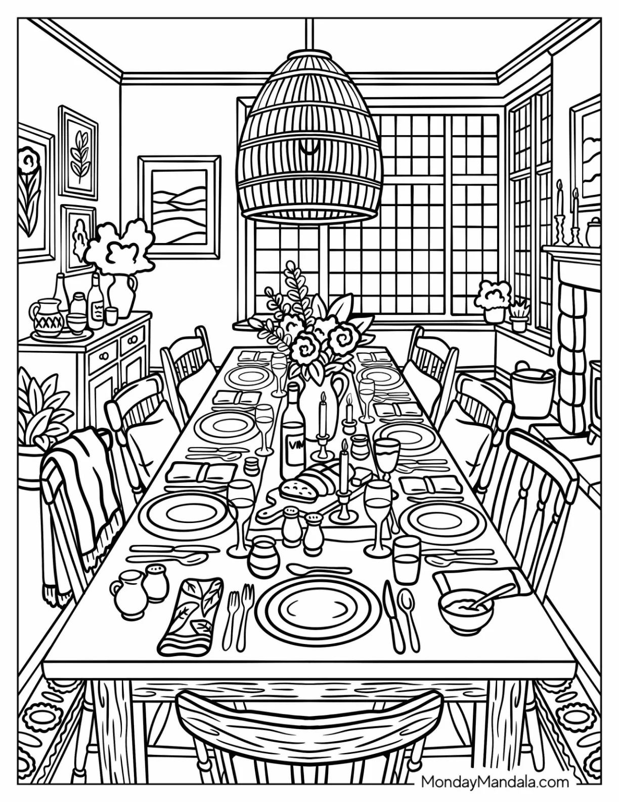 Boho Dining Room with Floral Table Setting and Woven Pendant Light Coloring Sheet coloring page