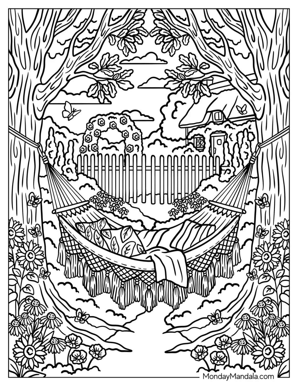 Boho Garden Hammock Beneath Shady Trees Coloring Page coloring page — printable line art