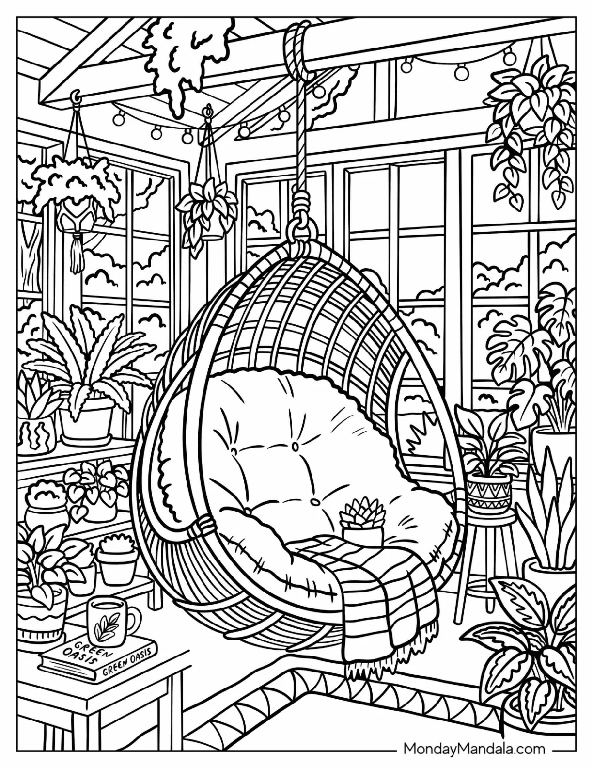 Boho Hanging Egg Chair Surrounded by Houseplants Coloring Sheet coloring page — printable line art