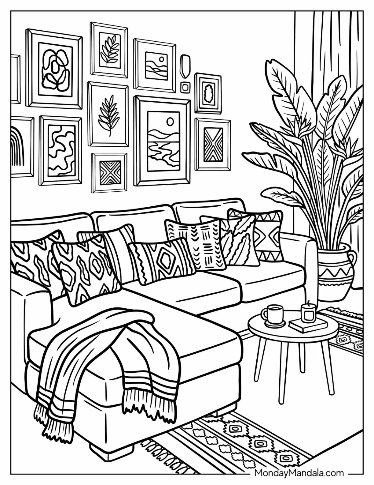 Boho Living Room with Patterned Pillows and Gallery Wall Coloring Page coloring page — printable line art