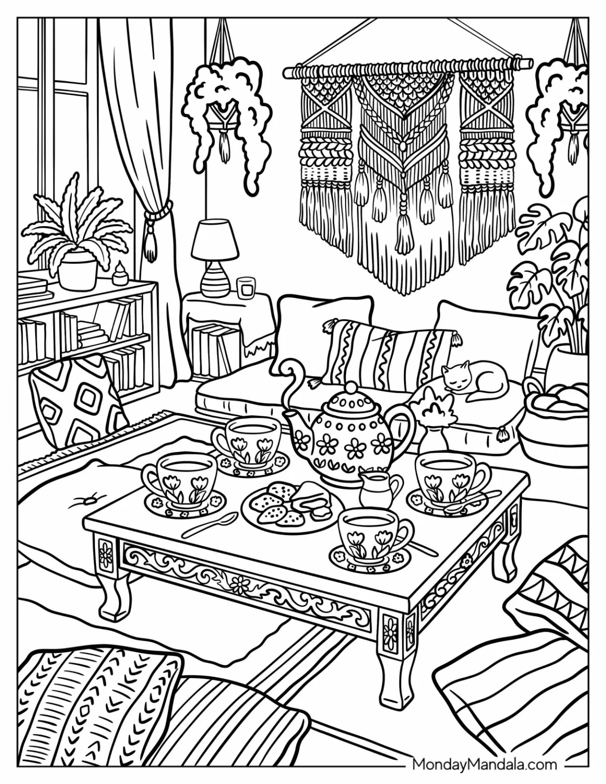 Boho Tea Party in a Cozy Living Room Coloring Page coloring page