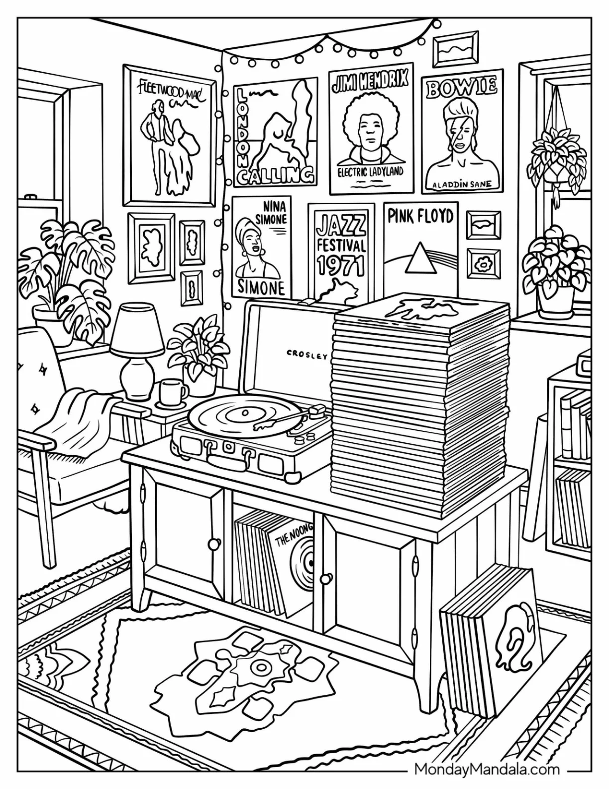 Boho Vinyl Record Room with Turntable and Music Posters Coloring Sheet coloring page