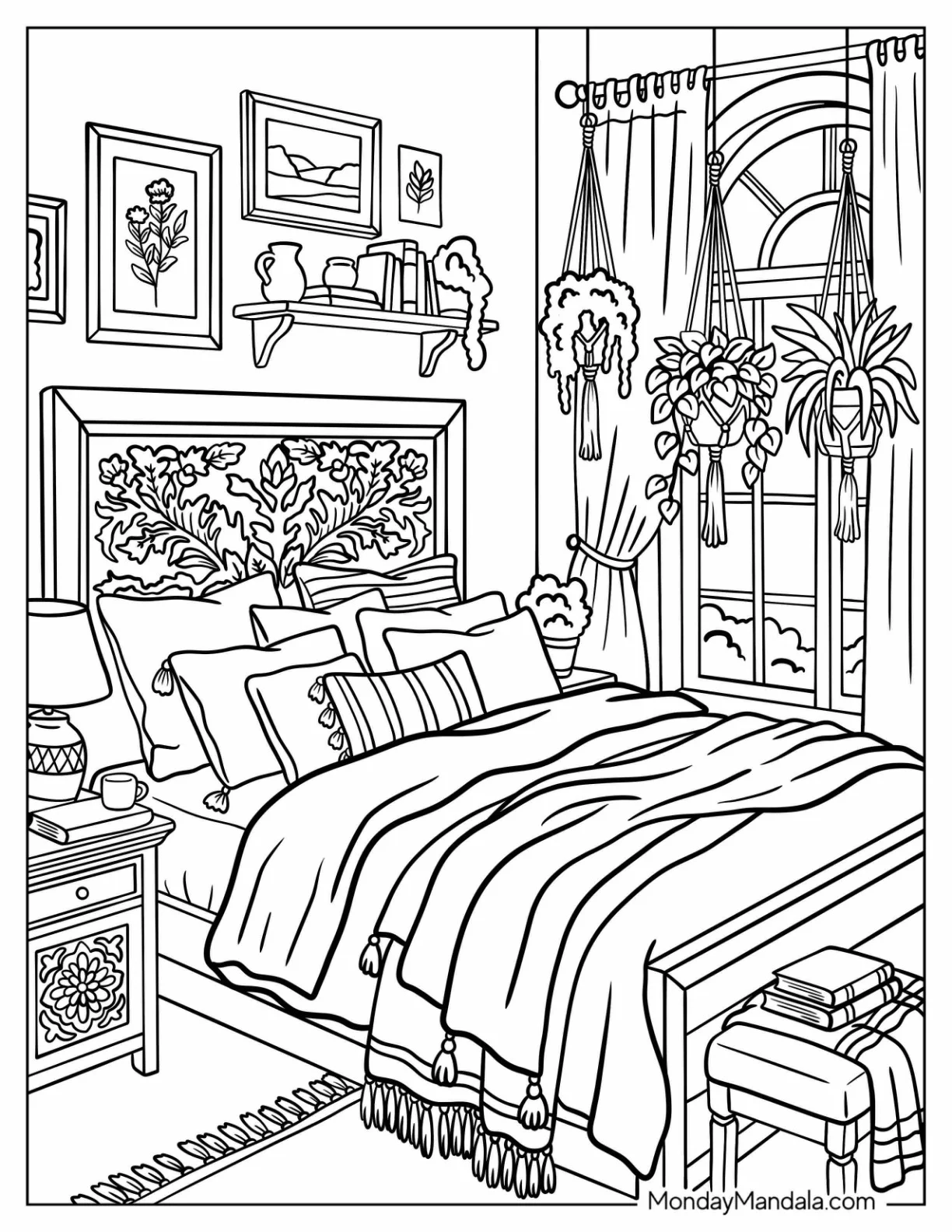 Cozy Boho Bedroom with Hanging Plants and Layered Textiles Coloring Sheet coloring page