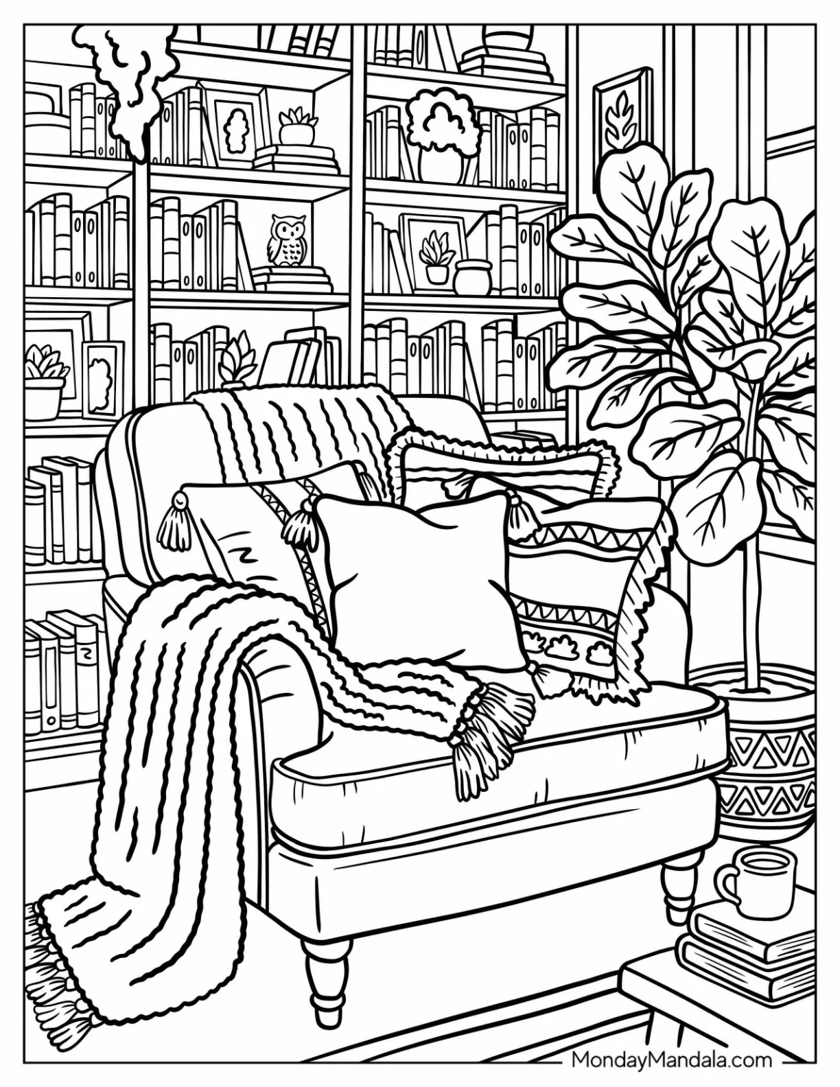 Cozy Boho Reading Nook with Layered Pillows and Bookshelves coloring page