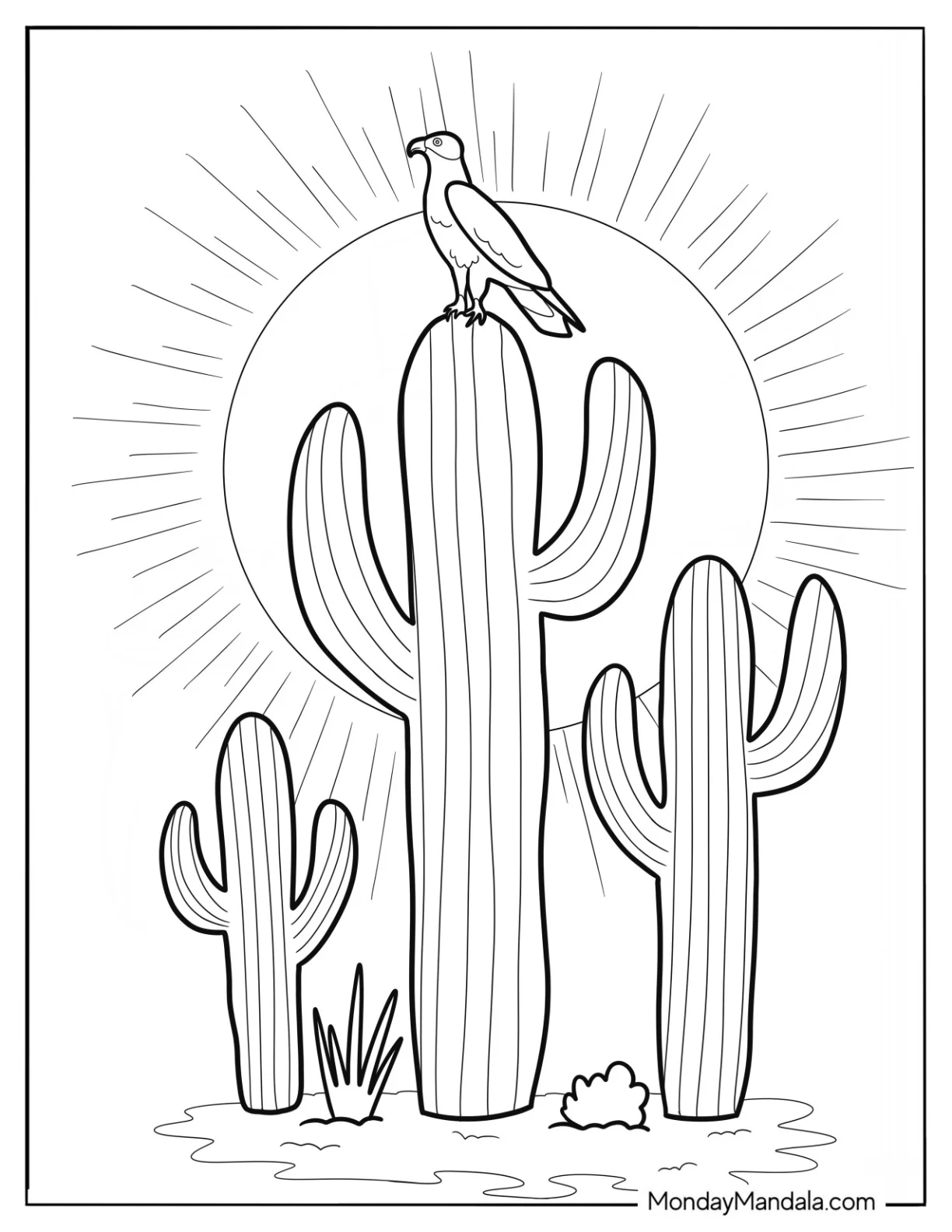 Eagle Sitting On Top Of A Cactus Boho Coloring Page coloring page