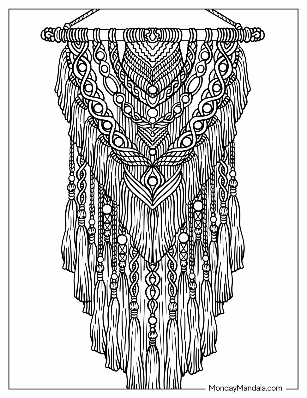 Intricate Boho Macramé Wall Hanging with Beads and Tassels coloring page