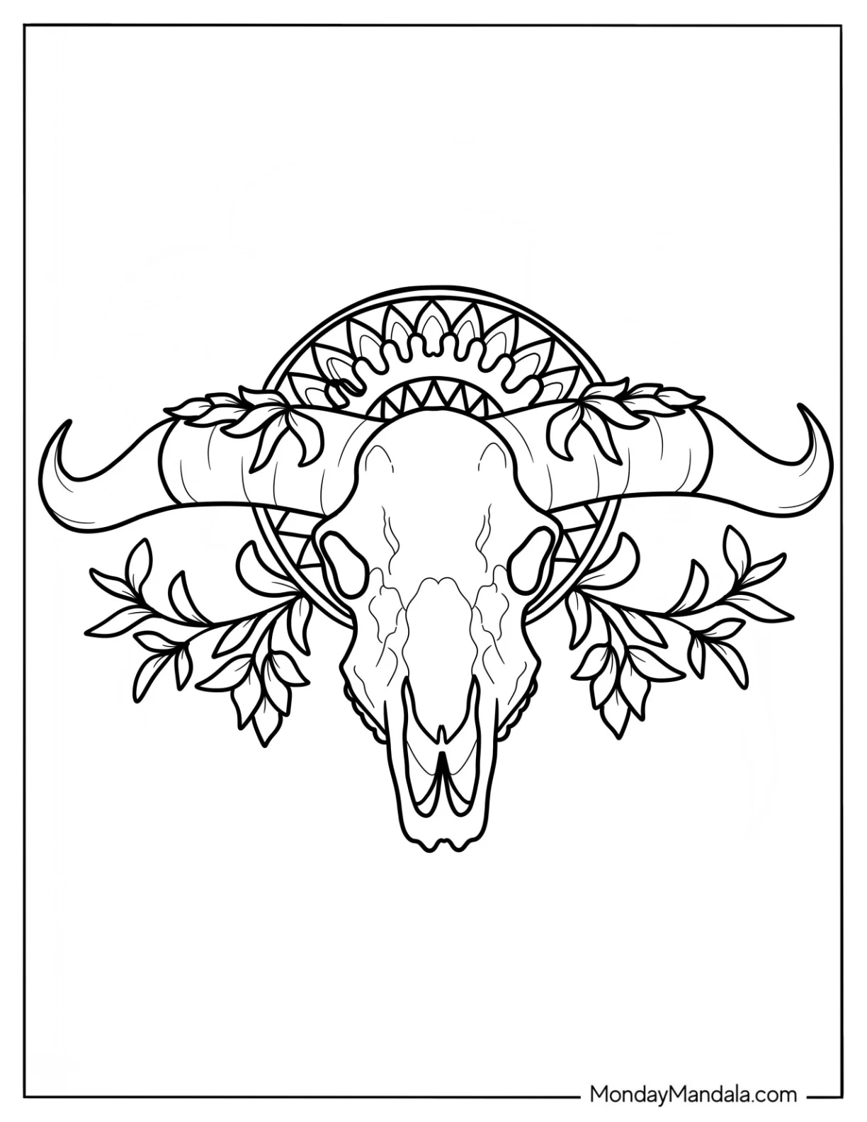 Longhorn Cow Skull Boho Coloring Page coloring page — printable line art