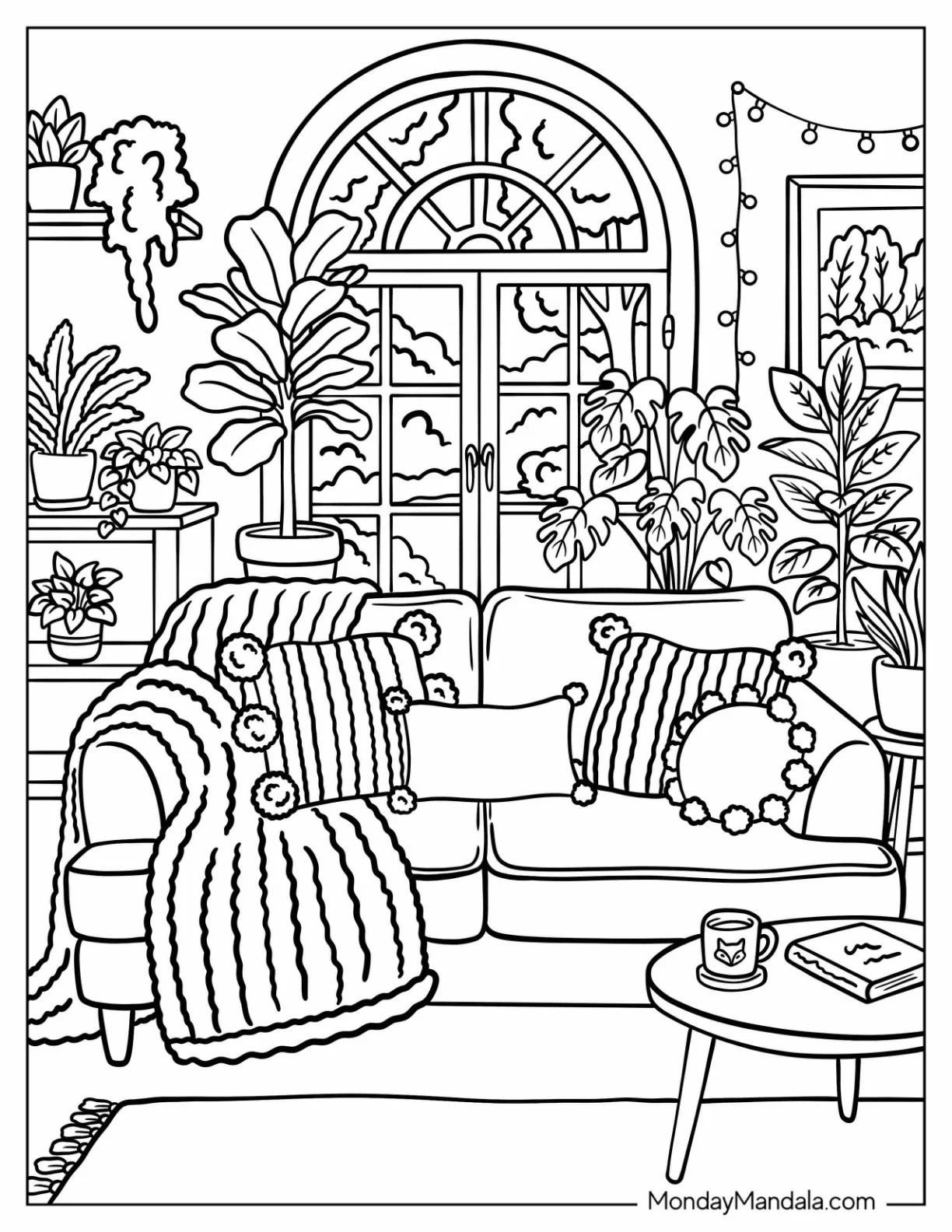 Pretty Boho Living Room with Arched Window and Houseplants Coloring Page coloring page