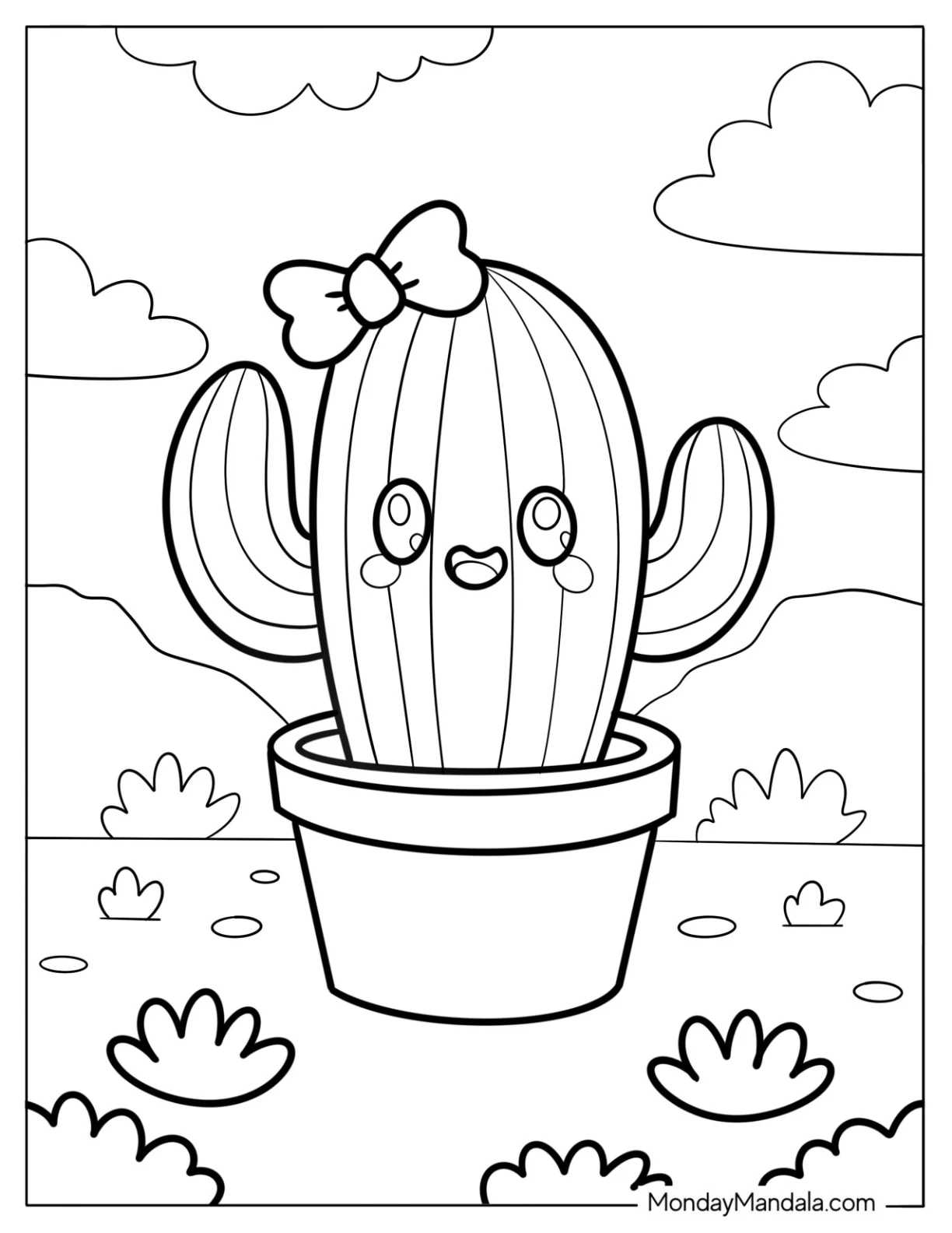 Baby Saguaro Cactus Coloring Page with a Bow in a Pot For Kids coloring page — printable line art