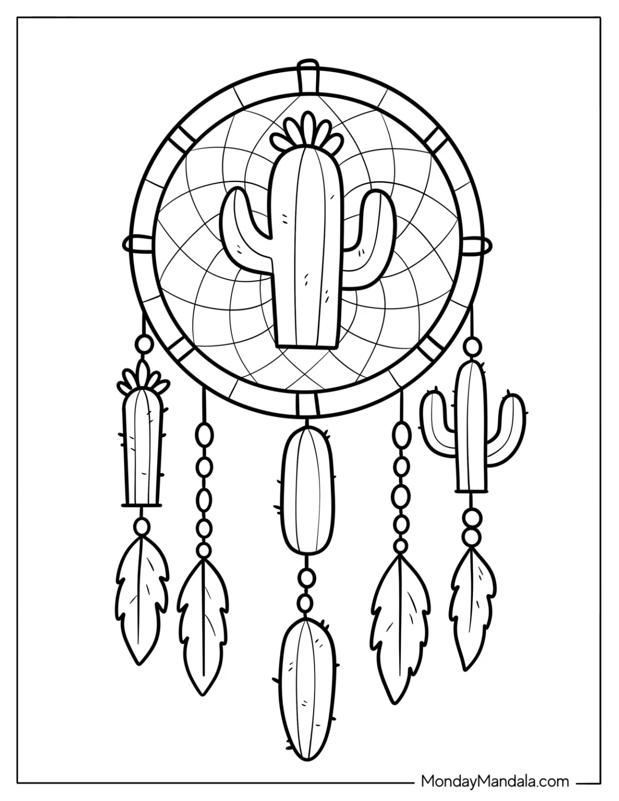 Cactus Coloring Page Dreamcatcher with Feathers and Charms For Kids coloring page