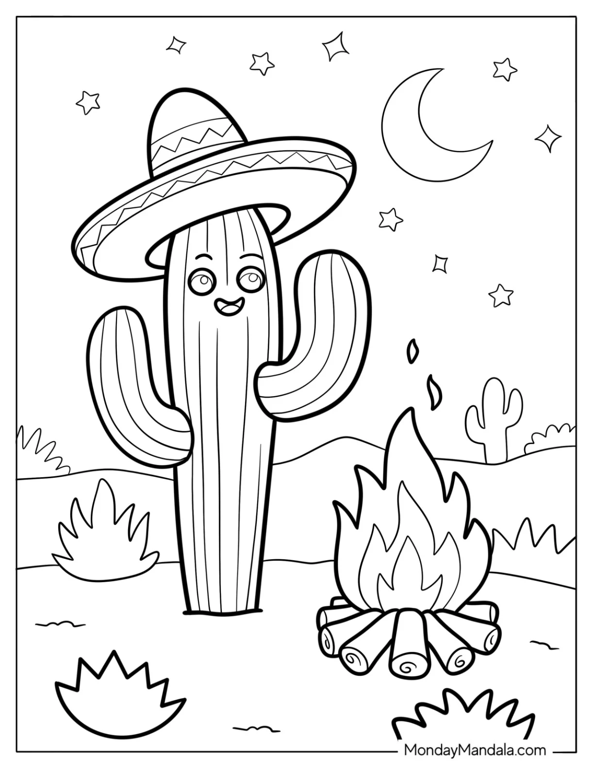 Cartoon Cactus Coloring Page Wearing a Sombrero by the Campfire coloring page — printable line art