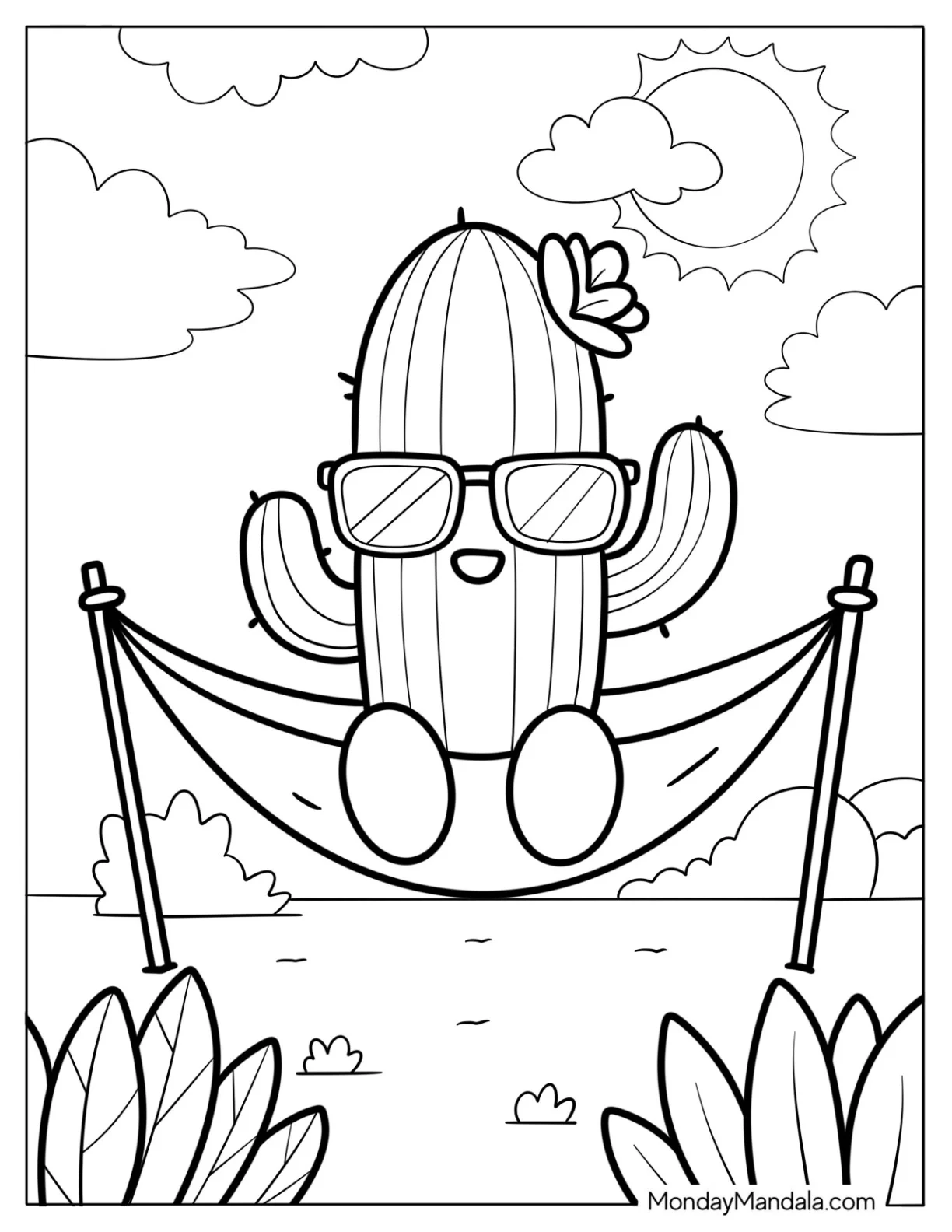 Cool Cactus Coloring Page With Sunglasses Relaxing in a Hammock coloring page — printable line art
