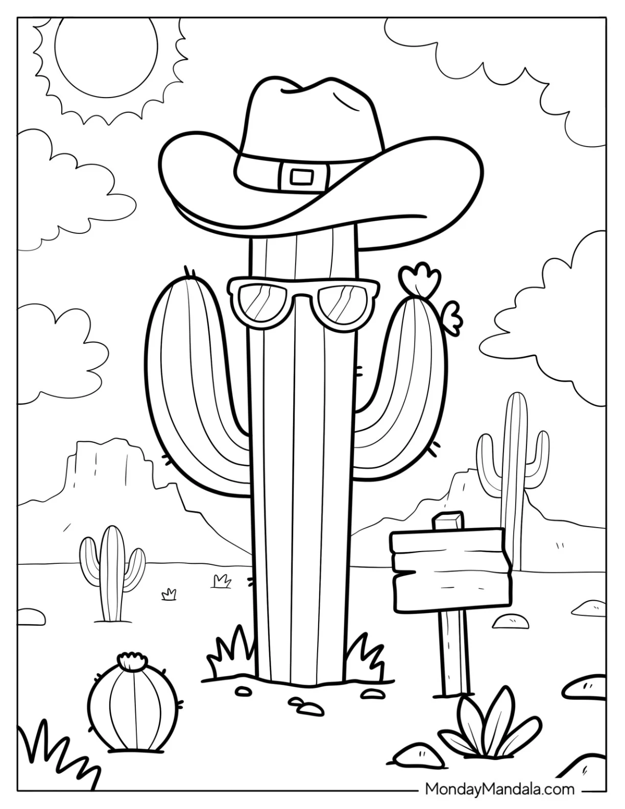 Cool Cowboy Cactus Coloring Page with Sunglasses and Hat coloring page
