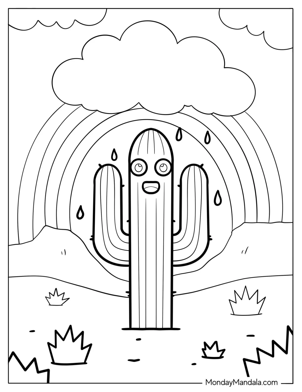 Cute Saguaro Cactus Coloring Page with Raindrops and Rainbow For Kids coloring page — printable line art