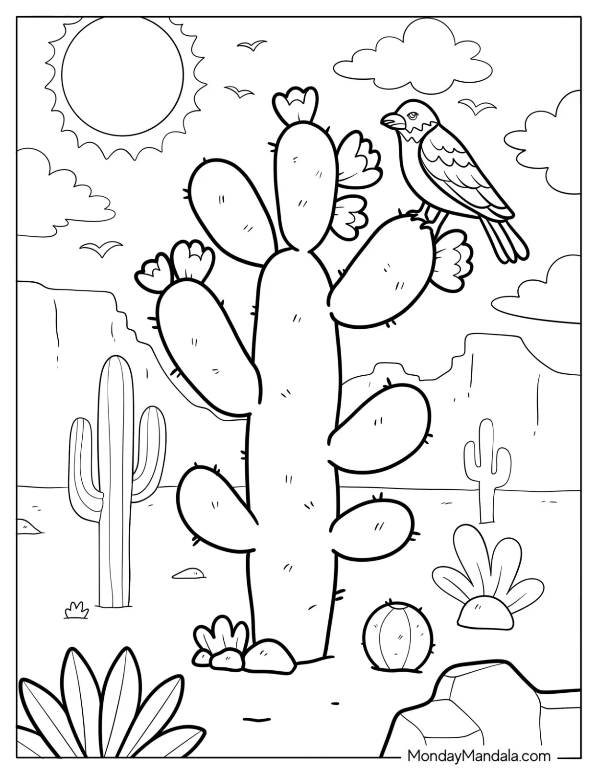 Desert Bird Resting on a Flowering Cactus Coloring Page coloring page — printable line art