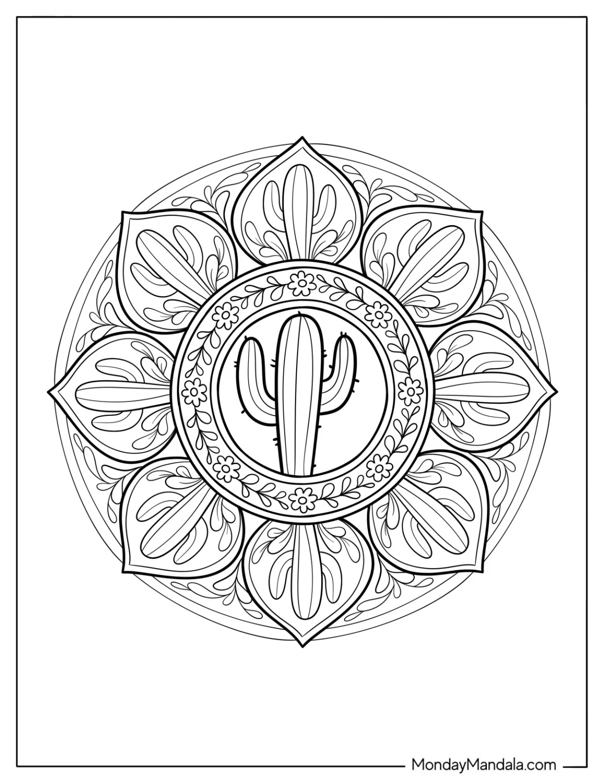 Desert Cactus Coloring Page in the Middle of a Leafy Mandala For Adults coloring page