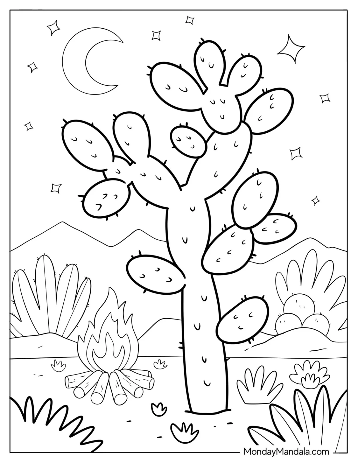 Desert Campfire Beside a Lone Cactus Coloring Page at Night coloring page — printable line art