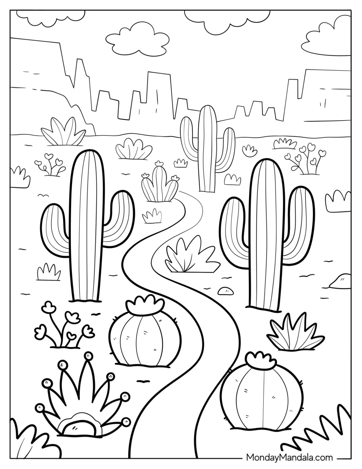 Desert Path with Tall and Round Cactus Coloring Page coloring page