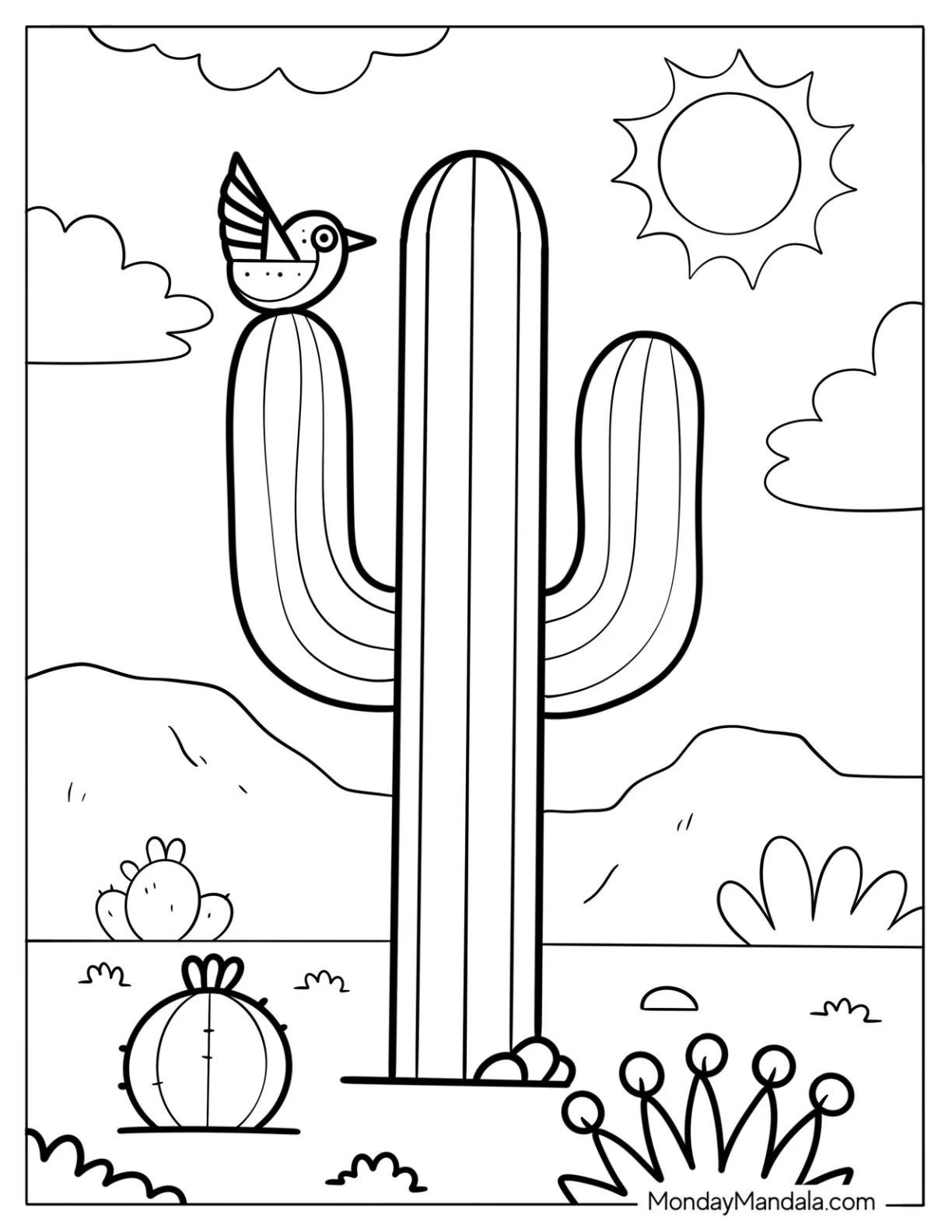 Easy Bird Resting on a Giant Cactus Coloring Page For Kids coloring page — printable line art