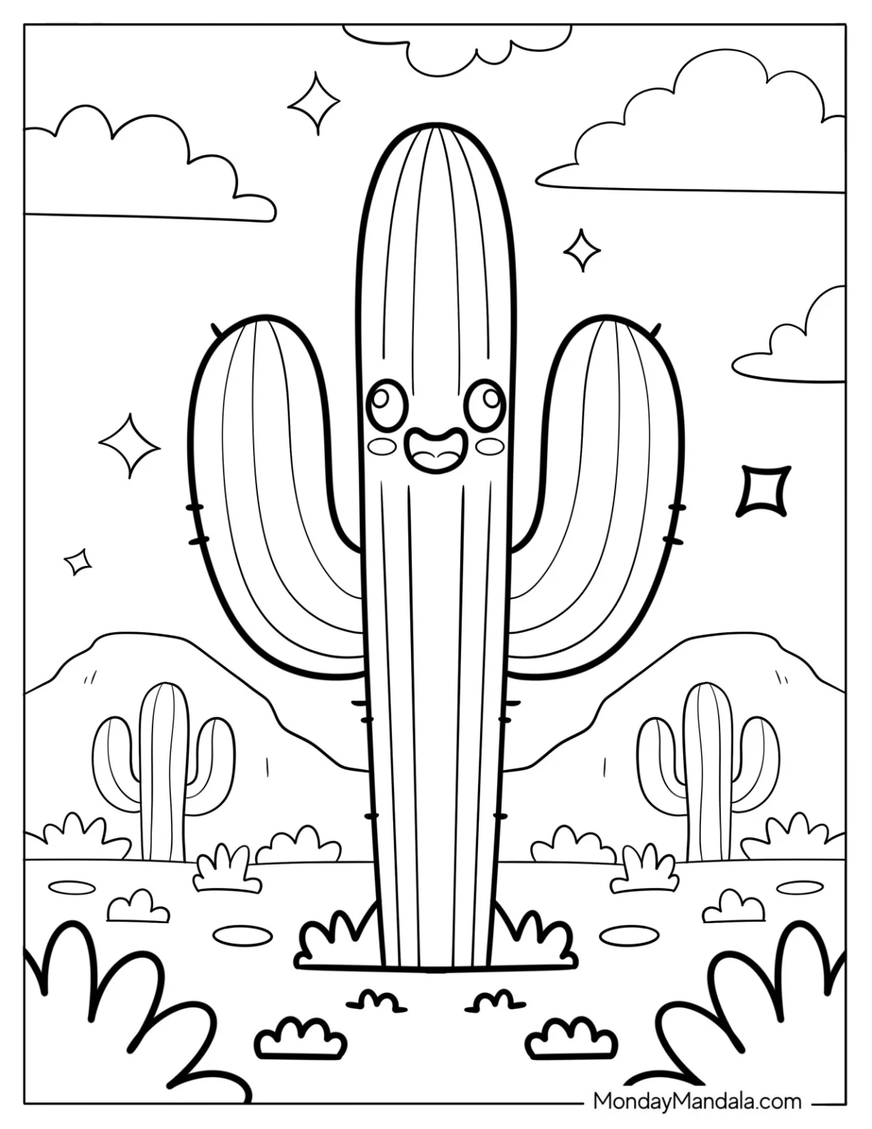 Happy Cactus Coloring Page Smiling in the Desert For Kids coloring page — printable line art